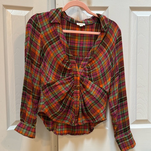 Anthropologie Pilcro ruched deep V plaid  button down - Picture 1 of 2